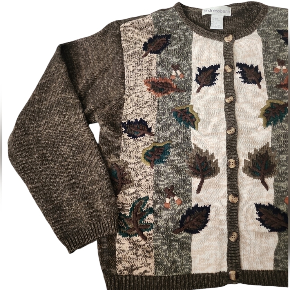 Vintage Dressbarn Fall Leaf Knit Cardigan Cottagecore Earthy L - Picture 2 of 12